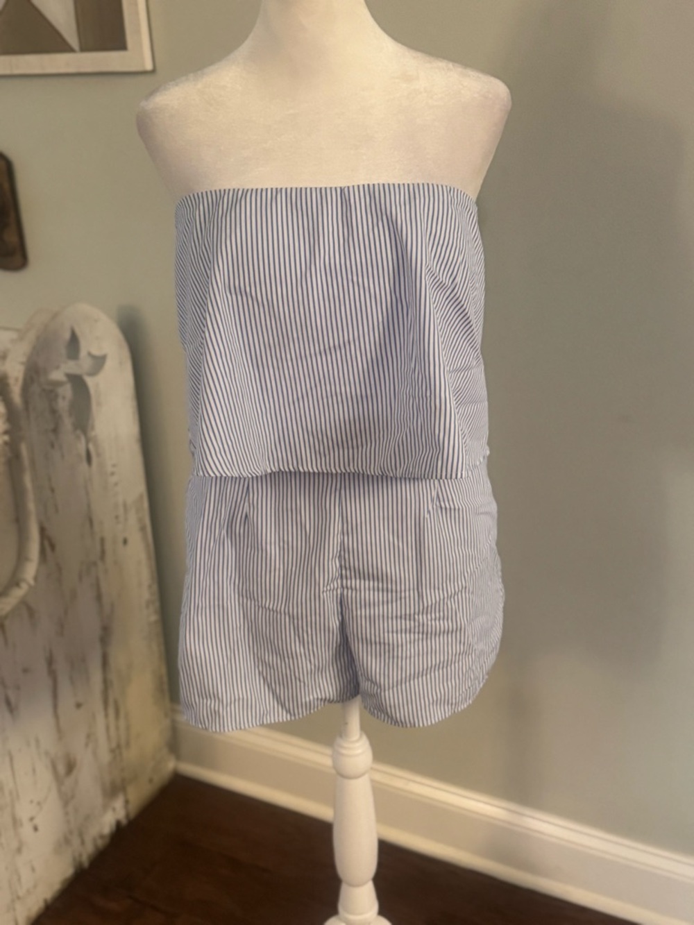 Blue Blush Blue and White Strapless Pinstripe Romper